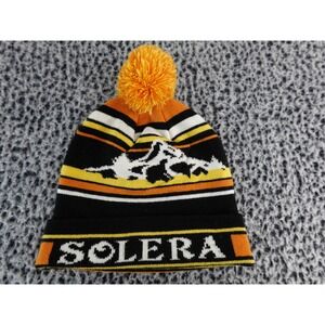 Solera Mountain Scene‎ Pom Beanie Hat Black Orange Yellow Stripe Winter Warm